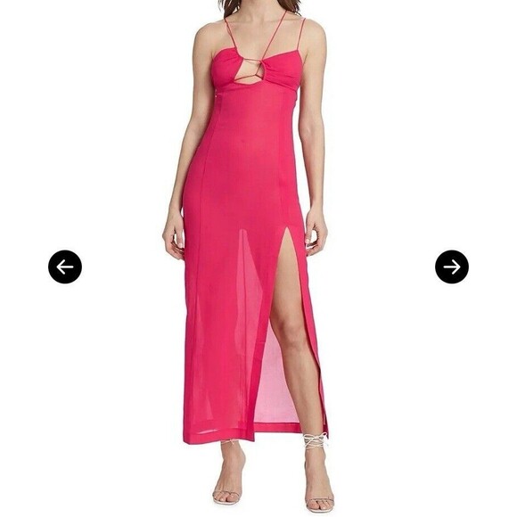 Nensi Dojaka Fuschia Asymmetric Neck Strap Maxi Thigh High Slit Slip Dress M NEW - Picture 9 of 15